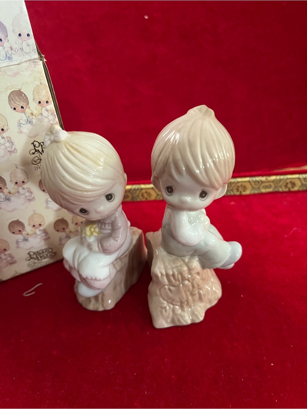 Precious Moments Bisque Porcelain Boy & Girl Figurine Set - Cream & Soft Pink